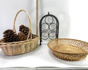 lot 41 image: WICKER BASKETS, METAL WINE HOLDER AND LARGE PINECONES