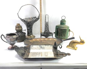 lot 47 image: METAL ITEMS, MIRROW CANDLE HOLDER, GREEN OUTSIDE LIGHT, METAL BRIDAL BASKET, LEAF SERVER AND MORE