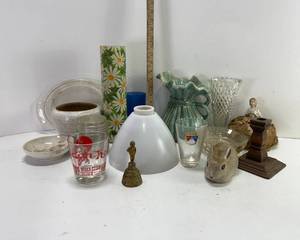 lot 50 image: BRUSSELS METAL TABLE BELL, GLASS LAMP SHADE, FLOWER POWER CANDLE, FORD GLASS, DON HO GLASS RUFFLED PITCHER AND MORE