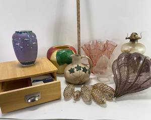 lot 52 image: WOOD FILING BOX, HANGING PURPLE GLASS DECOR, APPLE COOKIE JAR, GLASS PINE CONES AND MORE