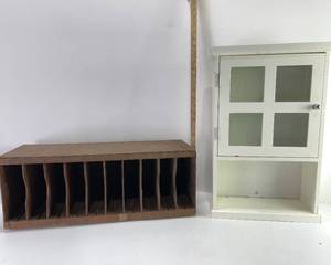 lot 54 image: VINTAGE WOOD FILE AND WHITE WOOD CABINET