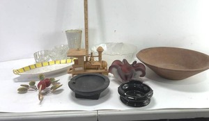 lot 53 image: BURL WALNUT WOOD BOWL, WOOD TRAIN LIONEL, ASHTRAY, GLASS SERVING BOWL AND MORE