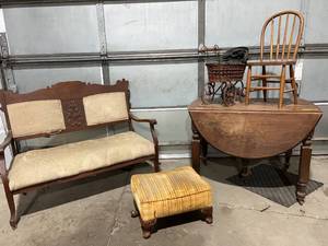 lot 80A image: ANTIQUE CHAIR, DROP LEAF TABEL, LOVE SEAT, FOOT REST, BABY STROLLER LOT