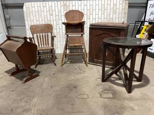 lot 81A image: ANTIQUE WOOD ROUND TABLE WITH GLASS TOP, JELLY CUPBOARD, HIGH CHAIR, ROCKING CHAIR, MAGAZINE RACK LOT