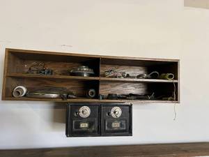 lot 43 image: Shelving Unit & Everything in It Including Vintage Mail Boxes