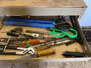 lot 46 image: Shop Table with Drawer, Power & Everything in Drawer