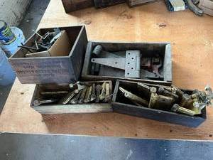 lot 103 image: Vintage Wood Boxes & Contents (mostly hinges)
