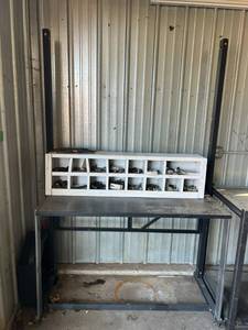 lot 157 image: Shop Table & Parts Bin With Contents