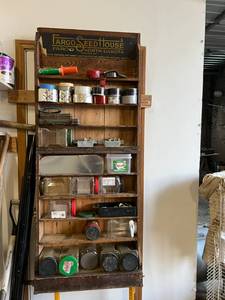 lot 200 image: Antique Fargo Seed House Wood Display ShippingDisplay Rack & Contents