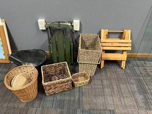lot 498 image: Baskets, Collapsible Table, Sled, Ash Bucket