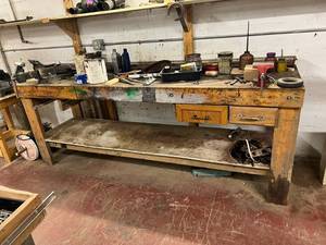 lot 771 image: Shop Bench & Everything on It Including 2 Bench Vises 28 x 8