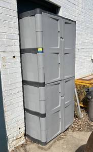 lot 835 image: 4 Door Plastic Storage Cabinet & Contents