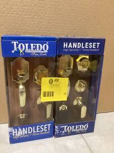 Lot of 2 Single Cylinder Polished Brass Door Handleset by TOLEDO Customer Returns See Pictures