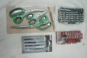 lot 84 image: Tools, New 15 Piece Precision Knife Set, Master Force Torsion Zone, Tool Bench Tweezers & Menards 3 Piece Titanium Scissor Set