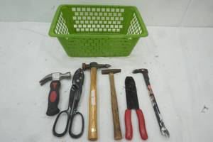lot 89 image: Tools, Green Basket with Hammers, Wire Stripper, Tin Snippers and more