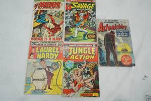 lot 97 image: Comics, Laurel DC & Hardy .20 Aug No.1, Marvel Comics .20 Jungle Action April No.4, Atlas .10 Astonishing  Apr. No. 38 and more