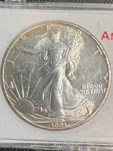 lot 22 image: 1991 AMERICAN SILVER EAGLE 1 TROY OZ .999 FINE SILVER IN CASE