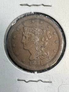 lot 25 image: 1851 US BRAIDED HAIR HALF CENT