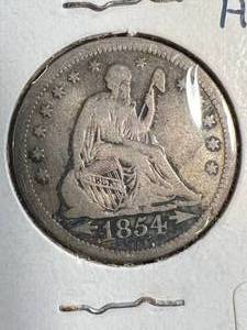 lot 27 image: 1854 WARROWS US SEATED LIBERTY QUARTER