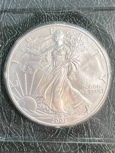 lot 95 image: 2001 AMERICAN SILVER EAGLE 1 TROY OZ .999 FINE SILVER IN INFO. CASE