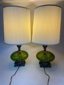 lot 9 image: Pair of Vintage Green Lamps