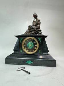 lot 22 image: Antique Mantel Clock Signed Bronze with Malachite Inlay