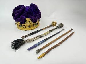 lot 29 image: Jeweled Kings Crown with Scepters Wood Wands Swagger Sticks