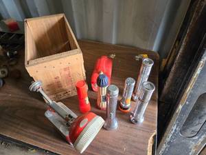 lot 121 image: Lot of Old Flashlights and Wooden Box