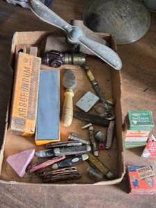 lot 261 image: Sharpening Stone, Damaged Pocket Knives, Old Sprinkler