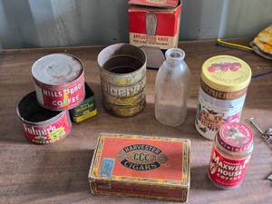 lot 267 image: Coffee Cans, Milk Bottle, Cigar Box