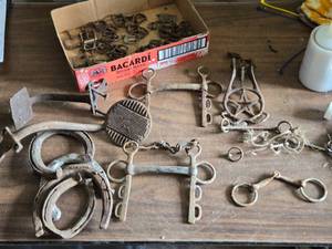 lot 271 image: Horse Bits, Horse Shoes, Wagon Steps and Old Belt Buckles