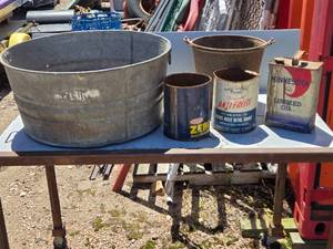 lot 290 image: Large Tub with Old Cans - Minnesota Linseed Oil Can is Still Mostly Full