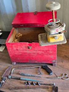 lot 299 image: Red Wood Box, Old Tools, Knife, Guts from an Old Juicer Maybe