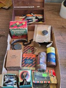lot 303 image: Old Tire Patches, Empty Shotgun Shell Box, Wooden Box, Old Pens