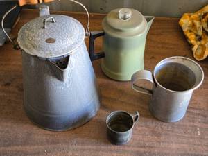 lot 324 image: Enamel Ware Coffee Pot, Percolator, Measuring Cup