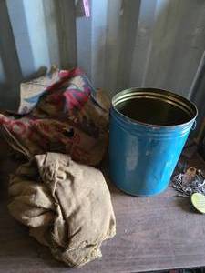 lot 339 image: 2 Blue Metal Pails with Gunney Sacks In Them - Mice have gotten to some of the sacks