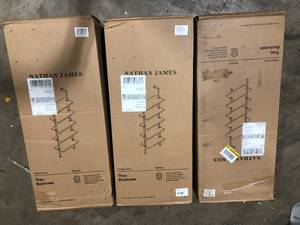 Lot of 3  Nathan James Theo 73 in. Dark Oak Wood 5-Shelf Wall Mount Ladder Bookcase with Pale Gold Metal Frame   Customer Returns See Pictures