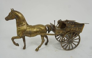 lot 25 image: Vintage Brass Horse & Buggy Figures wTurning Wheels Detachable Cart Drop-Down Tailgate...