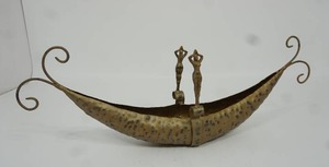 lot 32 image: Vintage Hammered Tin Kashkul Style Boat Beggers Bowl with Nude Woman Diving Figures...