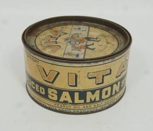 lot 56 image: RARE Vintage VITA 2lbs 8 oz. Ovoir. Sliced Salmon Tin Can...Great Graphics