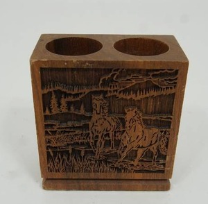 lot 59 image: Vintage Lasercraft Walnut Desktop Running Horses Pen Pencil Paper Clip Holder