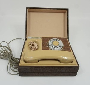 lot 65 image: Vintage DECO-TEL Rotary Telecom Telephone 3d 1970s Phone in Case Mid Century Modern