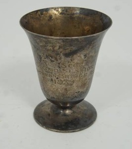 lot 74 image: Vintage Silver Small Childs ChaliceEgg Cup wInscription Honoring the Top Score Second Session Northern Bridge Assn. 1939 ...In Question is Silver Plated or Sterling Silver()