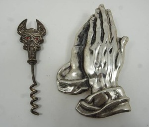 lot 81 image: Vintage Cast Silver Metal Praying Hands, Unique Figural Corkscrew Bottle Twist