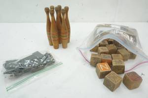 lot 80 image: Vintage Dominos, Wood Building Blocks & 7 Wood Bowling Pins
