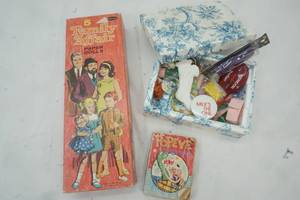 lot 84 image: Vintage Paper Doll Set 5 Family Affair Paper Dolls, Popeye book & box with small trinkets