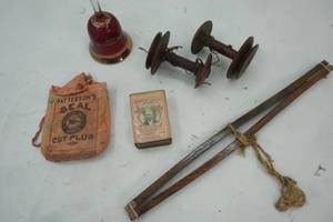lot 99 image: Vintage Tobacco Bag, Bell, Vintage spice Tin with dominos and more