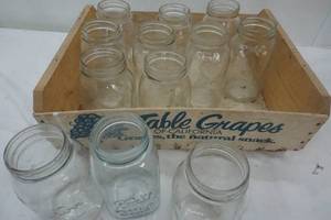 lot 105 image: Wood Table Grapes Crate with Ball and Kerr canning jars
