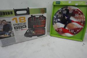 lot 113 image: Outdoor accessories, thermometer and grill set
