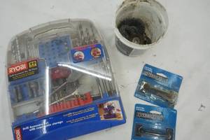 lot 123 image: Tools, Ryobi Drill Set , Wire Brushes, Drawer handles